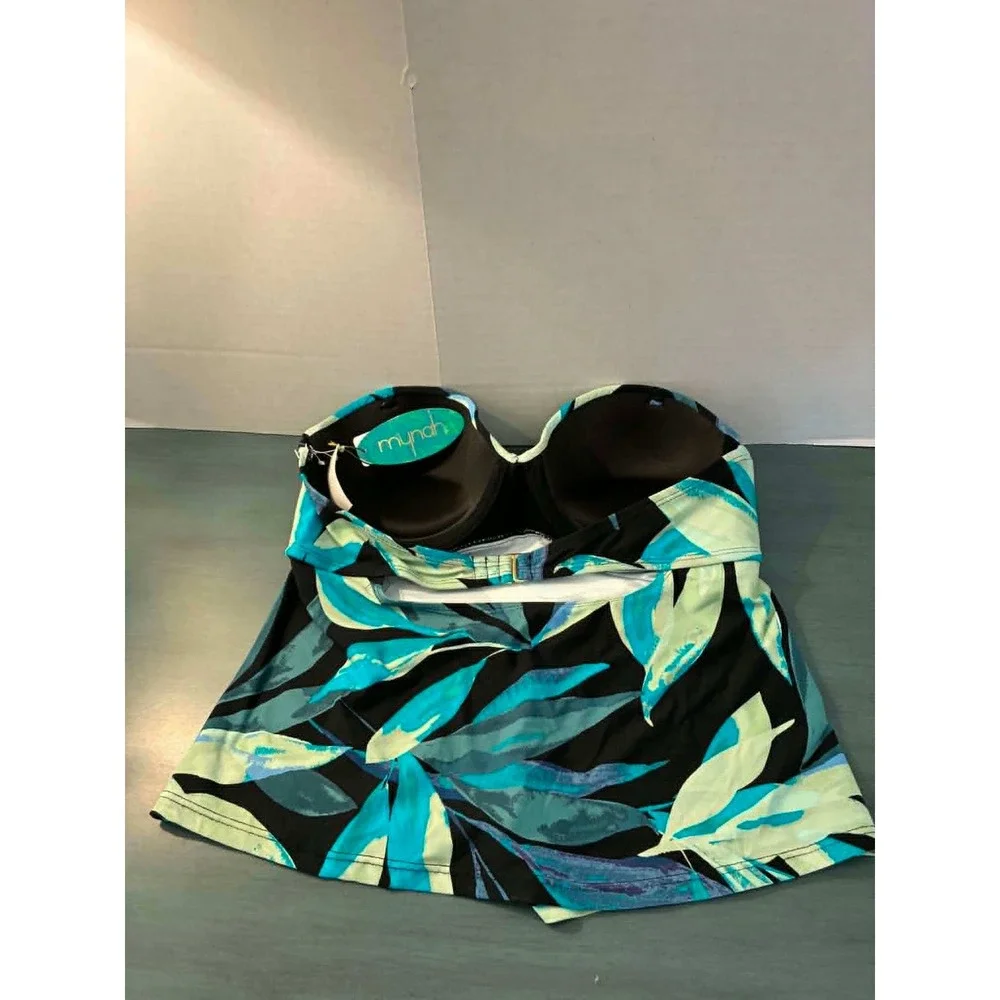 Mynah Tankini Swim Top Womens Medium Blue Black Abstract Palm Bandeau Scarf NWT
